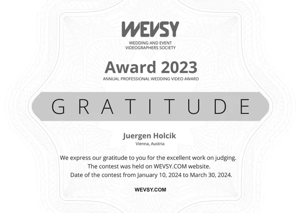 WEVSY Award 2023 – Urkunde für Jürgen Holcik als Juror